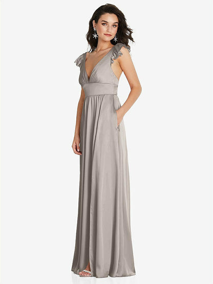 【NEW】【STYLE: TH094】ディープ Vネック フリル キャップ スリーブ マキシ ドレス コンバーチブル ストラップ【COLOR: Taupe】【SIZE: 00-30W】