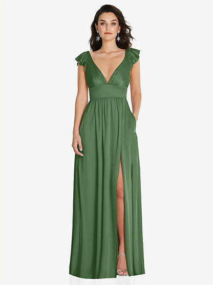 【NEW】【STYLE: TH094】ディープ Vネック フリル キャップ スリーブ マキシ ドレス コンバーチブル ストラップ【COLOR: Vineyard Green】【SIZE: 00-30W】