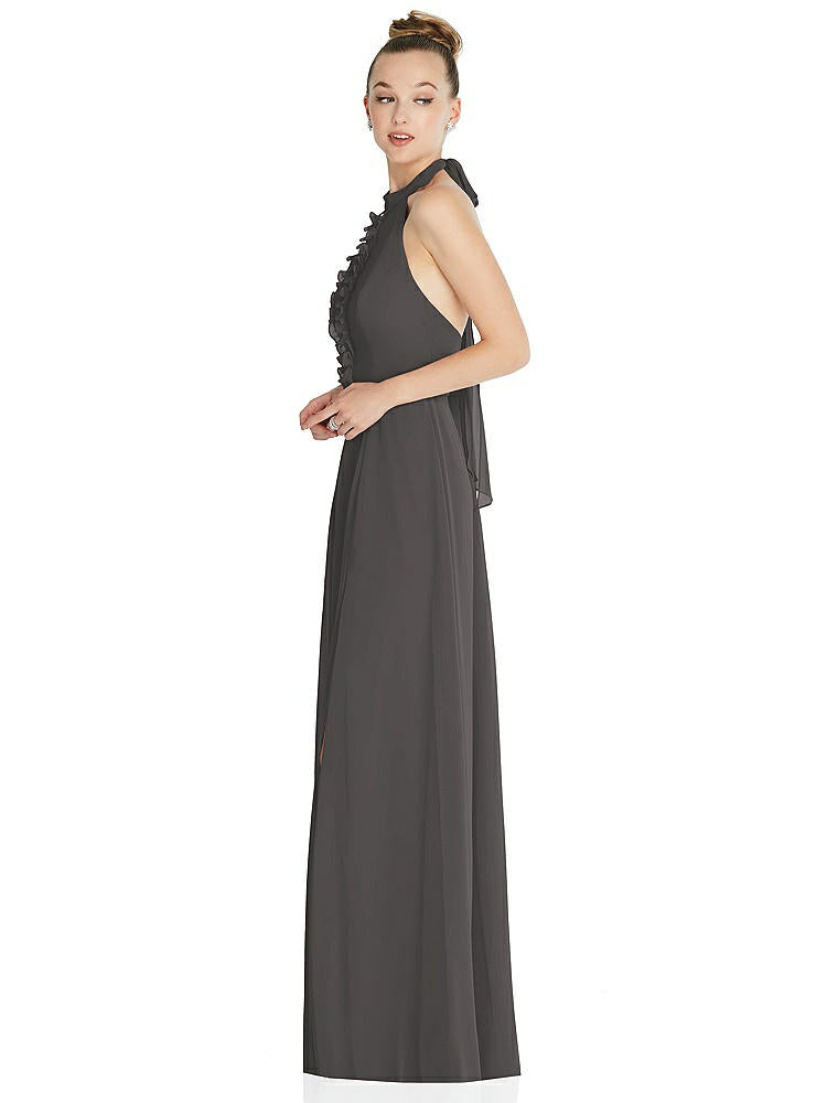 【NEW】【STYLE: 6865】ホルター バックレス マキシ ドレス クリスタル ボタン フリル プラケット【COLOR: Caviar Gray】【SIZE: 00-30W】