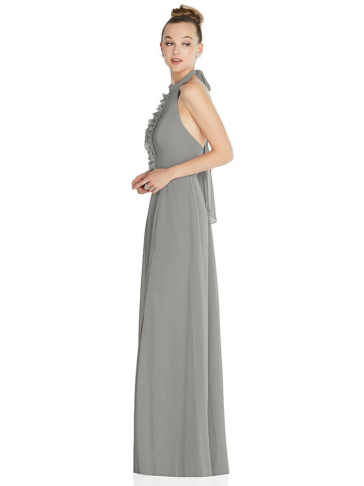 【NEW】【STYLE: 6865】ホルター バックレス マキシ ドレス クリスタル ボタン フリル プラケット【COLOR: Chelsea Gray】【SIZE: 00-30W】