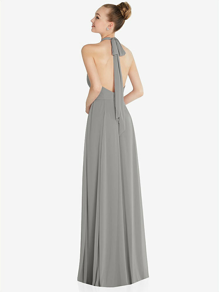 【NEW】【STYLE: 6865】ホルター バックレス マキシ ドレス クリスタル ボタン フリル プラケット【COLOR: Chelsea Gray】【SIZE: 00-30W】