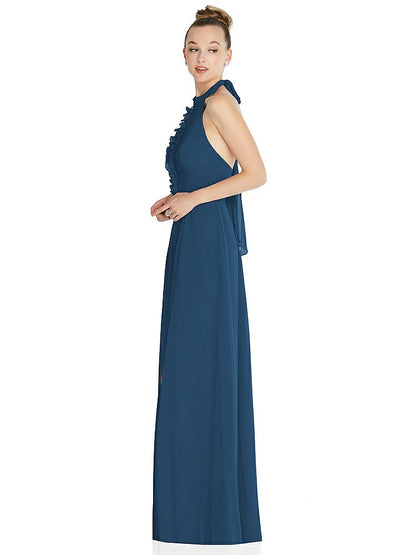【NEW】【STYLE: 6865】ホルター バックレス マキシ ドレス クリスタル ボタン フリル プラケット【COLOR: Dusk Blue】【SIZE: 00-30W】