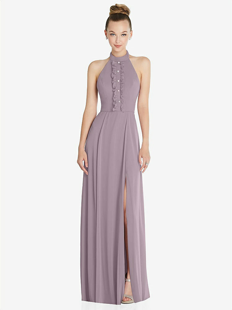【NEW】【STYLE: 6865】ホルター バックレス マキシ ドレス クリスタル ボタン フリル プラケット【COLOR: Lilac Dusk】【SIZE: 00-30W】