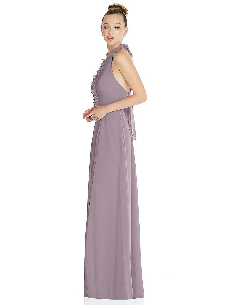 【NEW】【STYLE: 6865】ホルター バックレス マキシ ドレス クリスタル ボタン フリル プラケット【COLOR: Lilac Dusk】【SIZE: 00-30W】