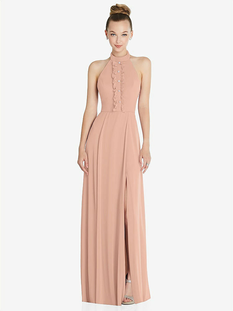 【STYLE: 6865】Halter Backless Maxi Dress with Crystal Button Ruffle Placket【COLOR: Pale Peach】