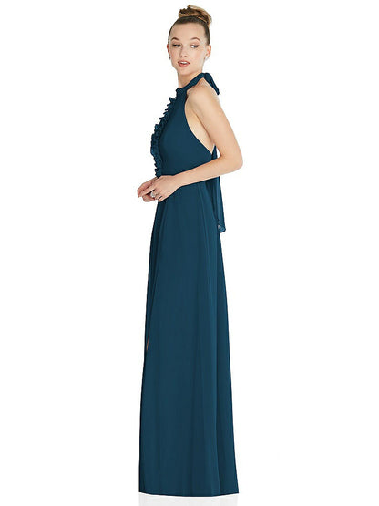 【NEW】【STYLE: 6865】ホルター バックレス マキシ ドレス クリスタル ボタン フリル プラケット【COLOR: Atlantic Blue】【SIZE: 00-30W】