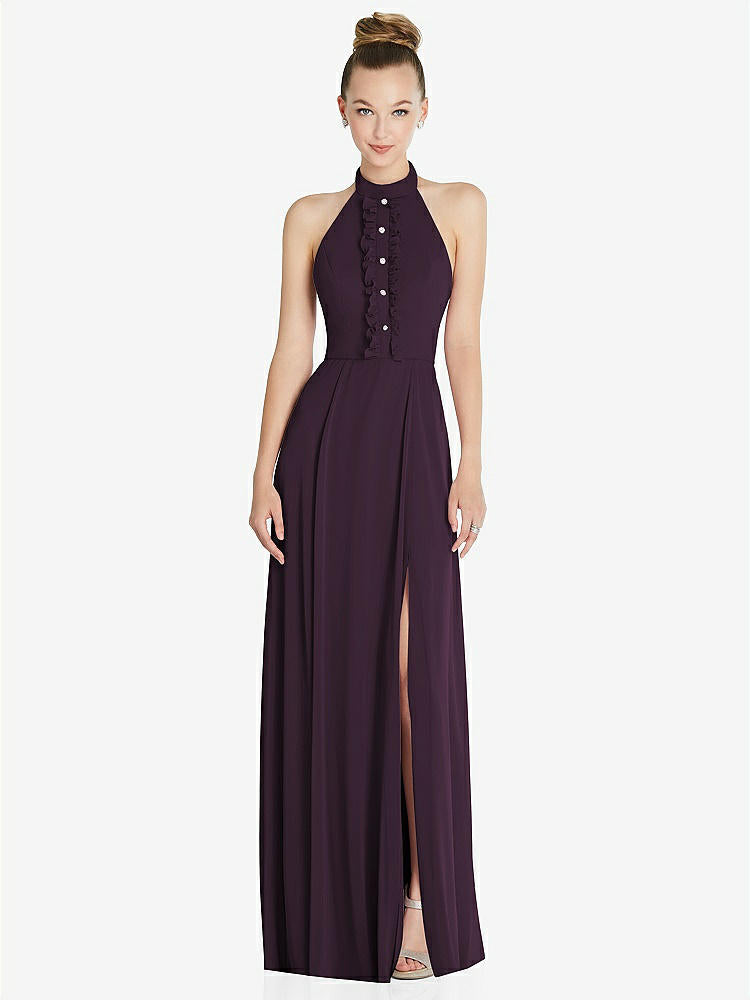 【NEW】【STYLE: 6865】ホルター バックレス マキシ ドレス クリスタル ボタン フリル プラケット【COLOR: Aubergine】【SIZE: 00-30W】