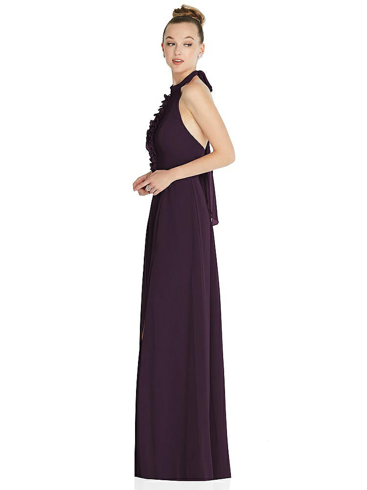 【NEW】【STYLE: 6865】ホルター バックレス マキシ ドレス クリスタル ボタン フリル プラケット【COLOR: Aubergine】【SIZE: 00-30W】