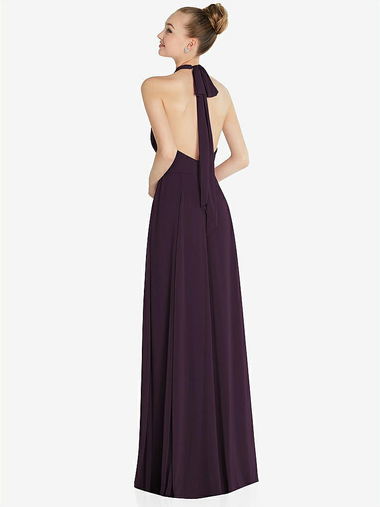【NEW】【STYLE: 6865】ホルター バックレス マキシ ドレス クリスタル ボタン フリル プラケット【COLOR: Aubergine】【SIZE: 00-30W】