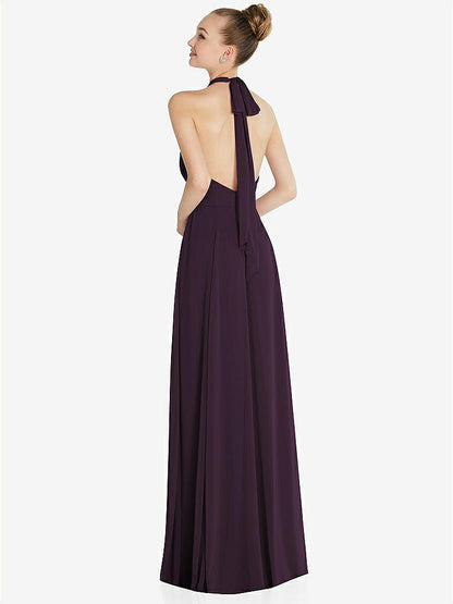 【NEW】【STYLE: 6865】ホルター バックレス マキシ ドレス クリスタル ボタン フリル プラケット【COLOR: Aubergine】【SIZE: 00-30W】