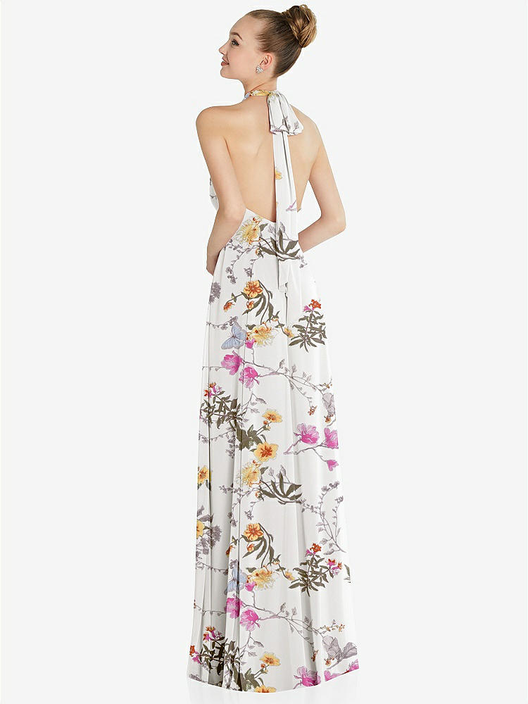 【NEW】【STYLE: 6865】ホルター バックレス マキシ ドレス クリスタル ボタン フリル プラケット【COLOR: Butterfly Botanica Ivory】【SIZE: 00-30W】