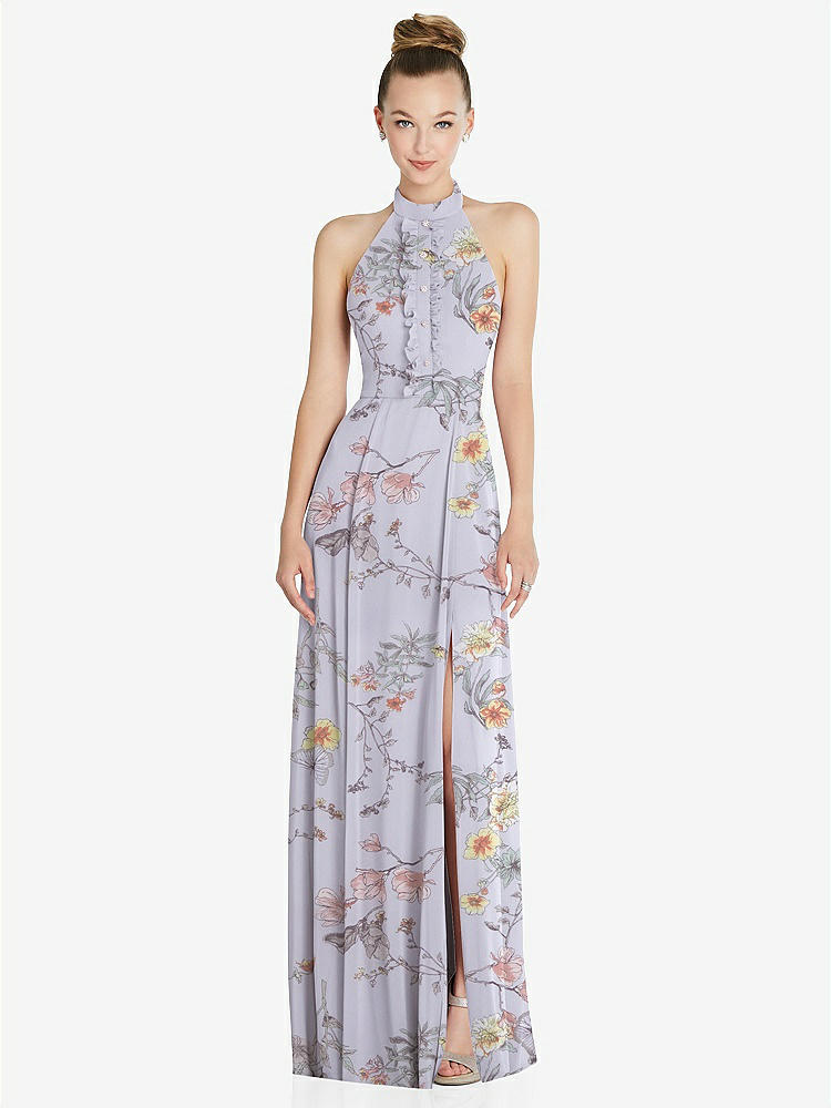 【STYLE: 6865】Halter Backless Maxi Dress with Crystal Button Ruffle Placket【COLOR: Butterfly Botanica Silver Dove】