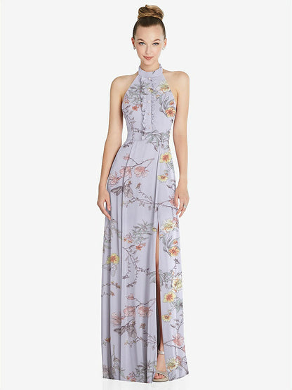 【STYLE: 6865】Halter Backless Maxi Dress with Crystal Button Ruffle Placket【COLOR: Butterfly Botanica Silver Dove】