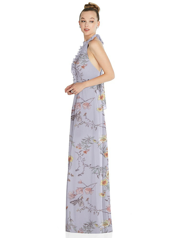 【STYLE: 6865】Halter Backless Maxi Dress with Crystal Button Ruffle Placket【COLOR: Butterfly Botanica Silver Dove】