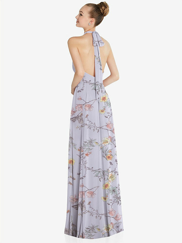 【STYLE: 6865】Halter Backless Maxi Dress with Crystal Button Ruffle Placket【COLOR: Butterfly Botanica Silver Dove】