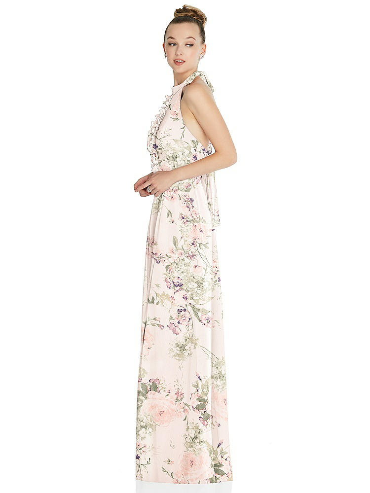 【NEW】【STYLE: 6865】ホルター バックレス マキシ ドレス クリスタル ボタン フリル プラケット【COLOR: Blush Garden】【SIZE: 00-30W】