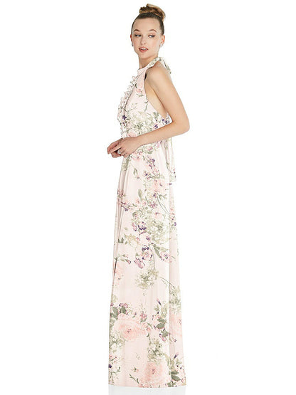 【NEW】【STYLE: 6865】ホルター バックレス マキシ ドレス クリスタル ボタン フリル プラケット【COLOR: Blush Garden】【SIZE: 00-30W】