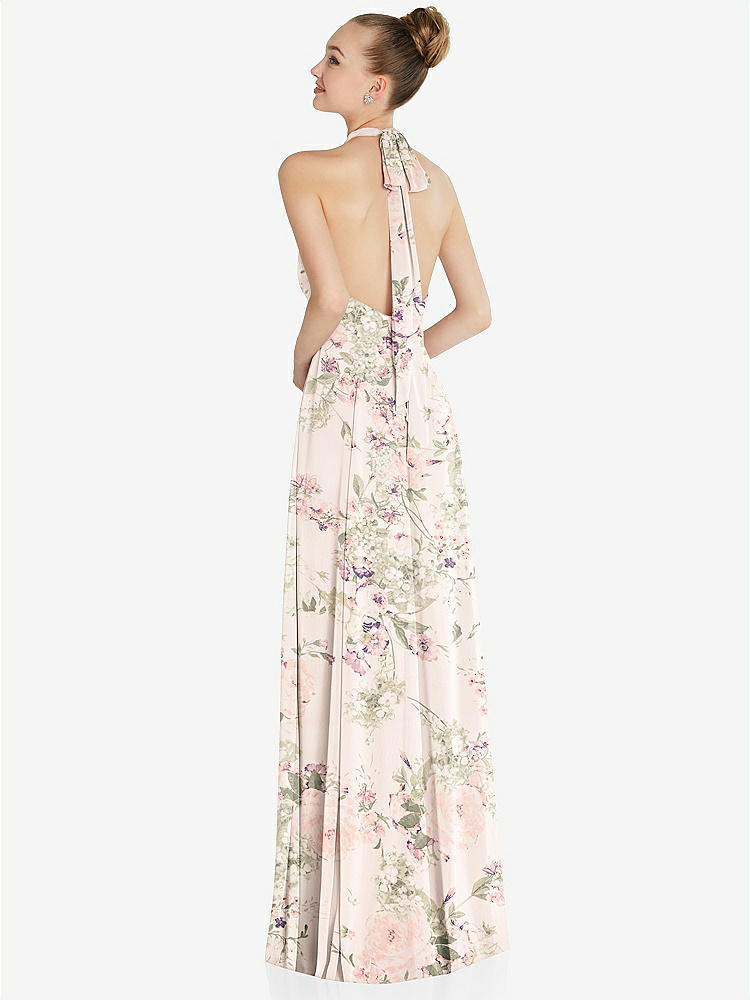 【NEW】【STYLE: 6865】ホルター バックレス マキシ ドレス クリスタル ボタン フリル プラケット【COLOR: Blush Garden】【SIZE: 00-30W】