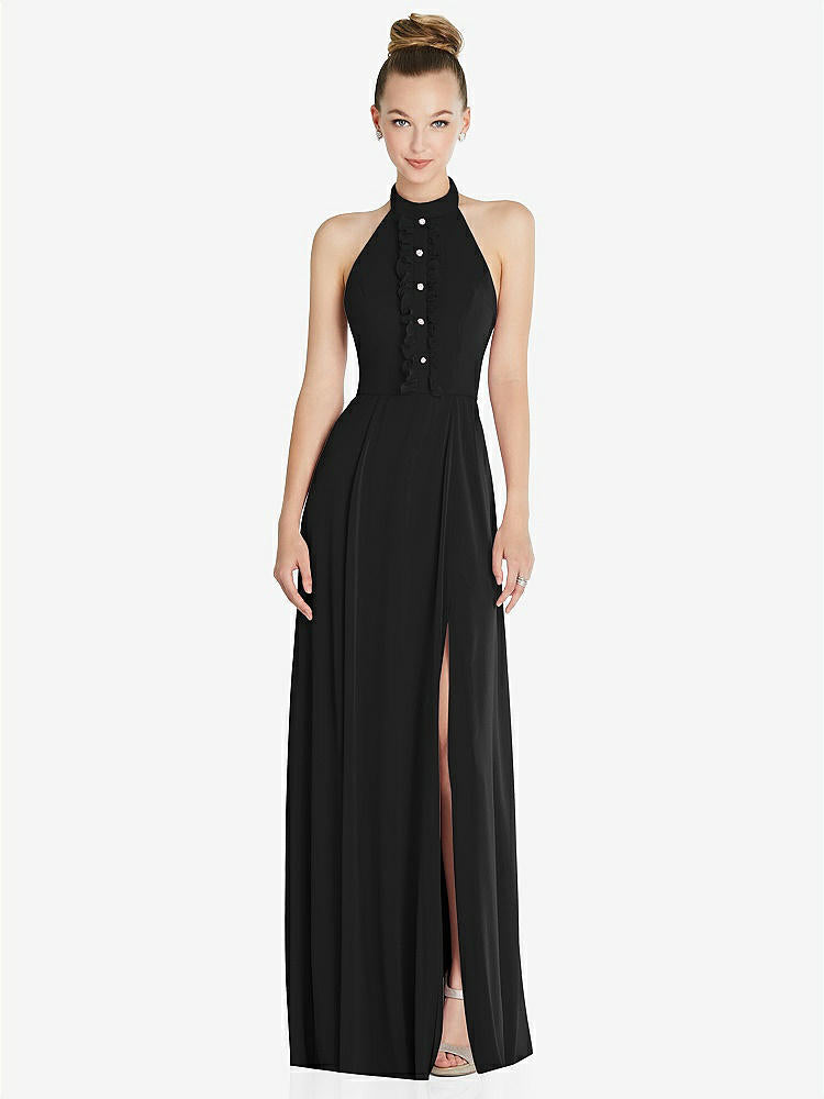 【STYLE: 6865】Halter Backless Maxi Dress with Crystal Button Ruffle Placket【COLOR: Black】
