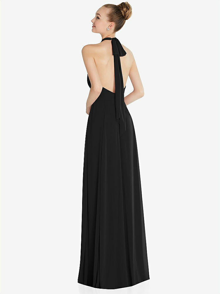 【STYLE: 6865】Halter Backless Maxi Dress with Crystal Button Ruffle Placket【COLOR: Black】