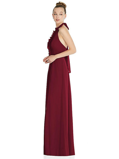 【NEW】【STYLE: 6865】ホルター バックレス マキシ ドレス クリスタル ボタン フリル プラケット【COLOR: Burgundy】【SIZE: 00-30W】