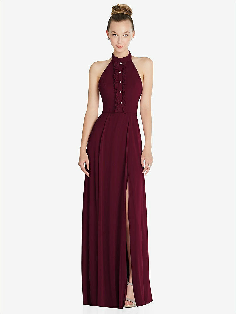 【NEW】【STYLE: 6865】ホルター バックレス マキシ ドレス クリスタル ボタン フリル プラケット【COLOR: Cabernet】【SIZE: 00-30W】