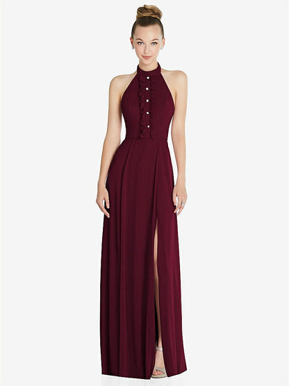 【NEW】【STYLE: 6865】ホルター バックレス マキシ ドレス クリスタル ボタン フリル プラケット【COLOR: Cabernet】【SIZE: 00-30W】