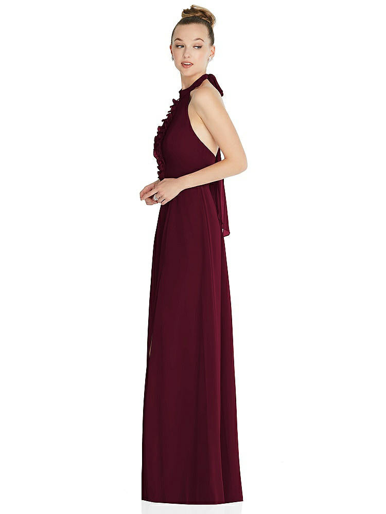 【NEW】【STYLE: 6865】ホルター バックレス マキシ ドレス クリスタル ボタン フリル プラケット【COLOR: Cabernet】【SIZE: 00-30W】