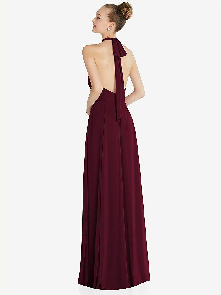 【NEW】【STYLE: 6865】ホルター バックレス マキシ ドレス クリスタル ボタン フリル プラケット【COLOR: Cabernet】【SIZE: 00-30W】