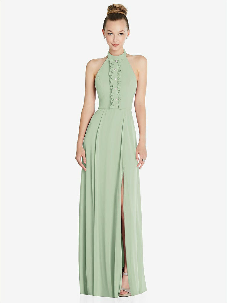 【STYLE: 6865】Halter Backless Maxi Dress with Crystal Button Ruffle Placket【COLOR: Celadon】