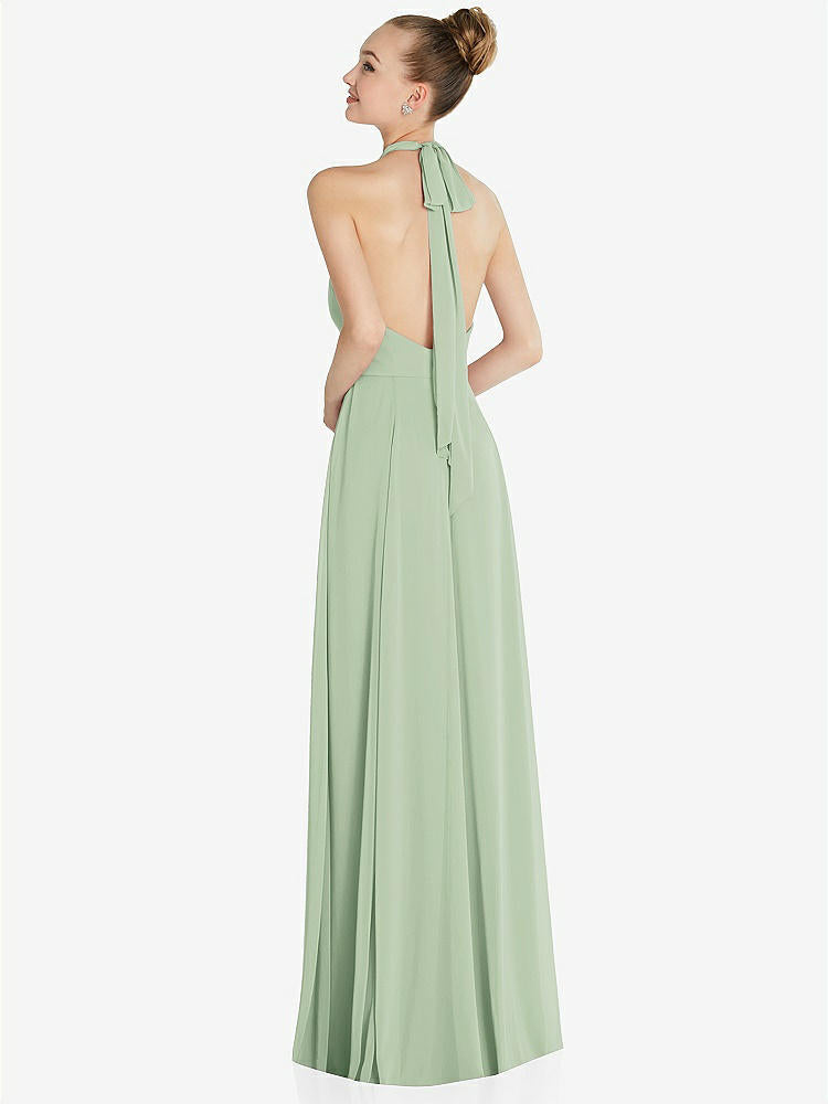 【STYLE: 6865】Halter Backless Maxi Dress with Crystal Button Ruffle Placket【COLOR: Celadon】