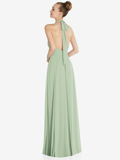 【STYLE: 6865】Halter Backless Maxi Dress with Crystal Button Ruffle Placket【COLOR: Celadon】