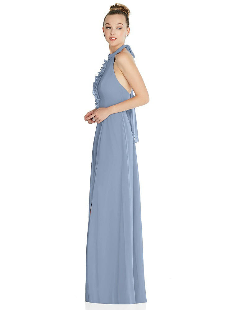 【NEW】【STYLE: 6865】ホルター バックレス マキシ ドレス クリスタル ボタン フリル プラケット【COLOR: Cloudy】【SIZE: 00-30W】