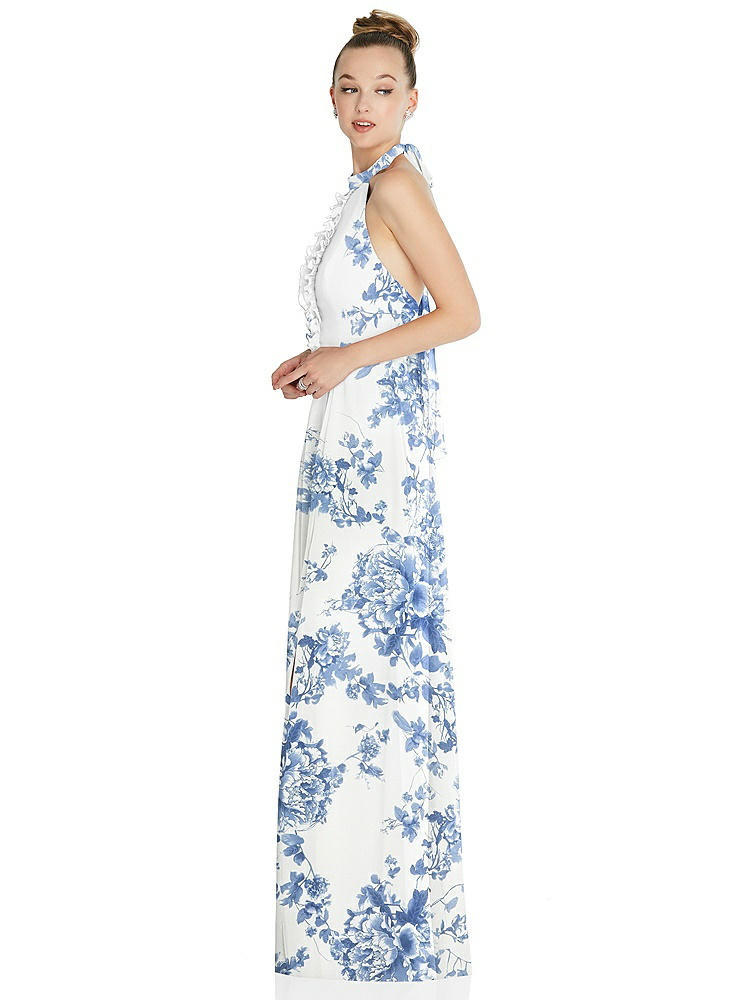 【NEW】【STYLE: 6865】ホルター バックレス マキシ ドレス クリスタル ボタン フリル プラケット【COLOR: Cottage Rose Dusk Blue】【SIZE: 00-30W】