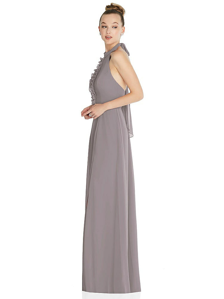 【NEW】【STYLE: 6865】ホルター バックレス マキシ ドレス クリスタル ボタン フリル プラケット【COLOR: Cashmere Gray】【SIZE: 00-30W】