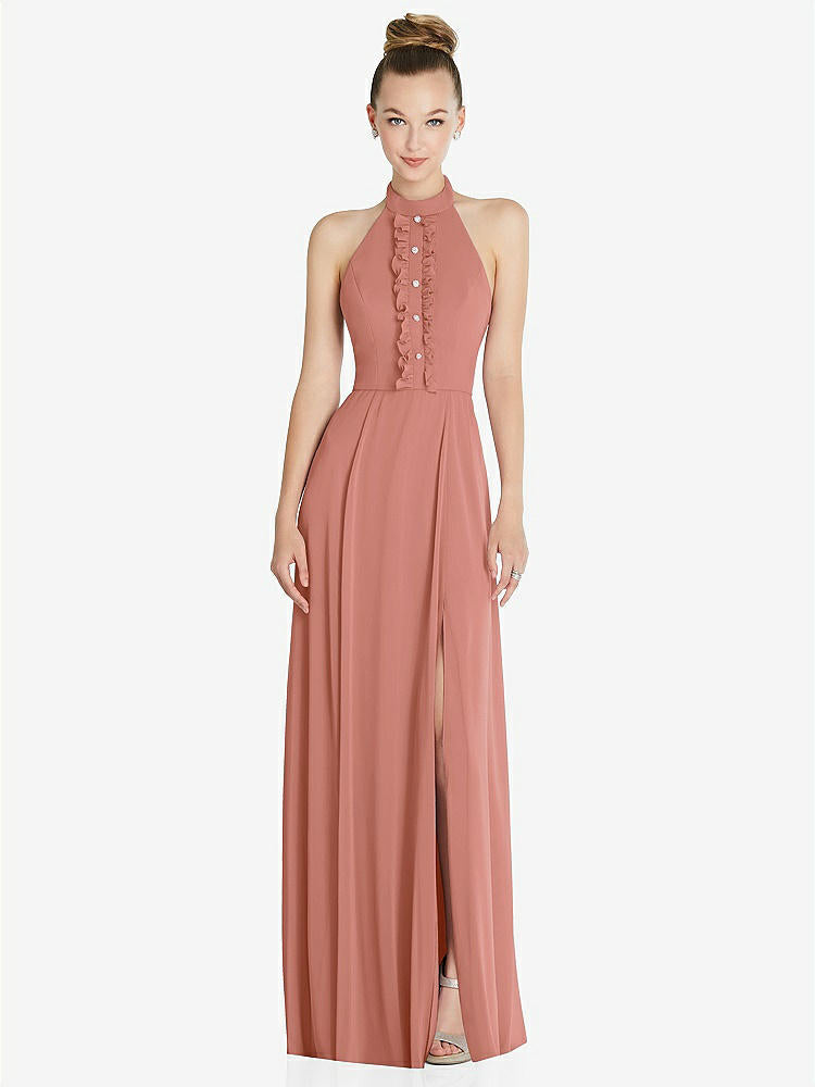 【STYLE: 6865】Halter Backless Maxi Dress with Crystal Button Ruffle Placket【COLOR: Desert Rose】