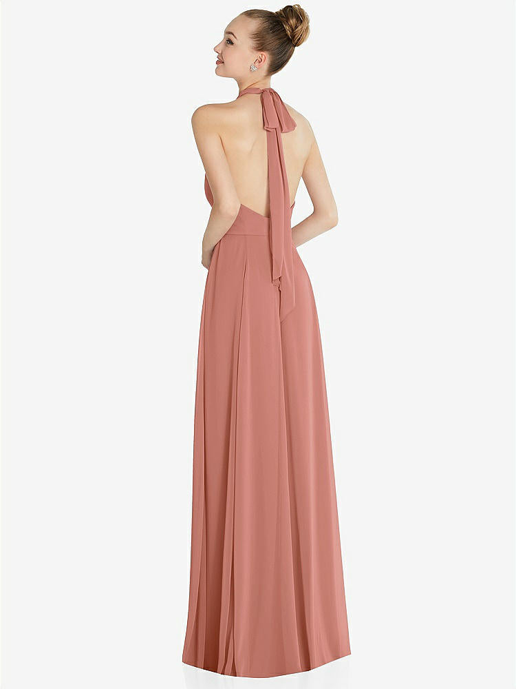 【STYLE: 6865】Halter Backless Maxi Dress with Crystal Button Ruffle Placket【COLOR: Desert Rose】