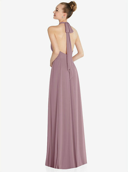 【NEW】【STYLE: 6865】ホルター バックレス マキシ ドレス クリスタル ボタン フリル プラケット【COLOR: Dusty Rose】【SIZE: 00-30W】