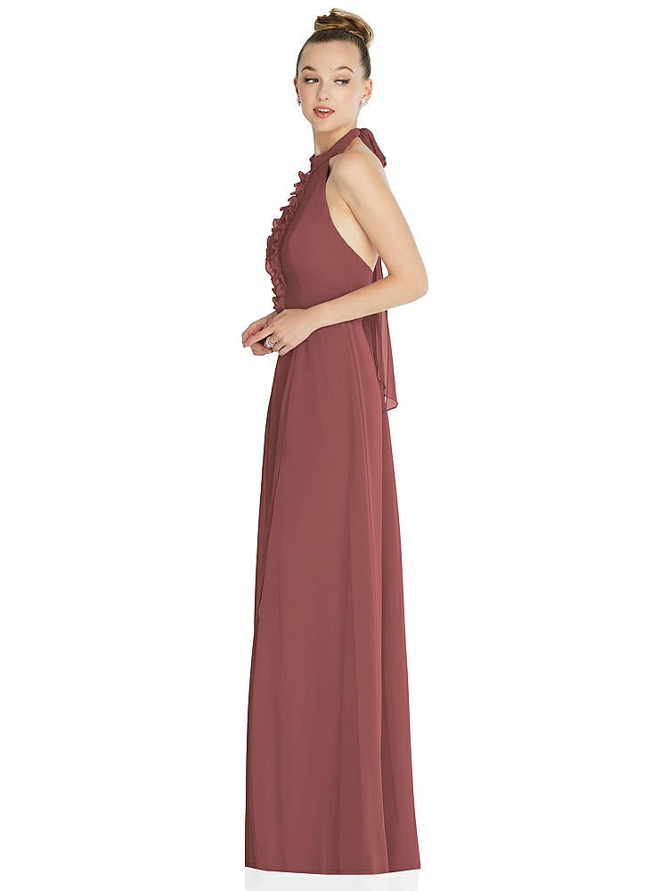【NEW】【STYLE: 6865】ホルター バックレス マキシ ドレス クリスタル ボタン フリル プラケット【COLOR: English Rose】【SIZE: 00-30W】