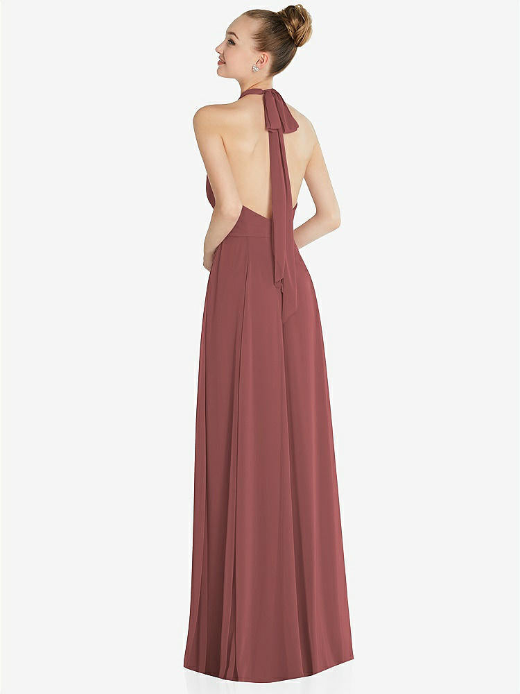 【STYLE: 6865】Halter Backless Maxi Dress with Crystal Button Ruffle Placket【COLOR: English Rose】