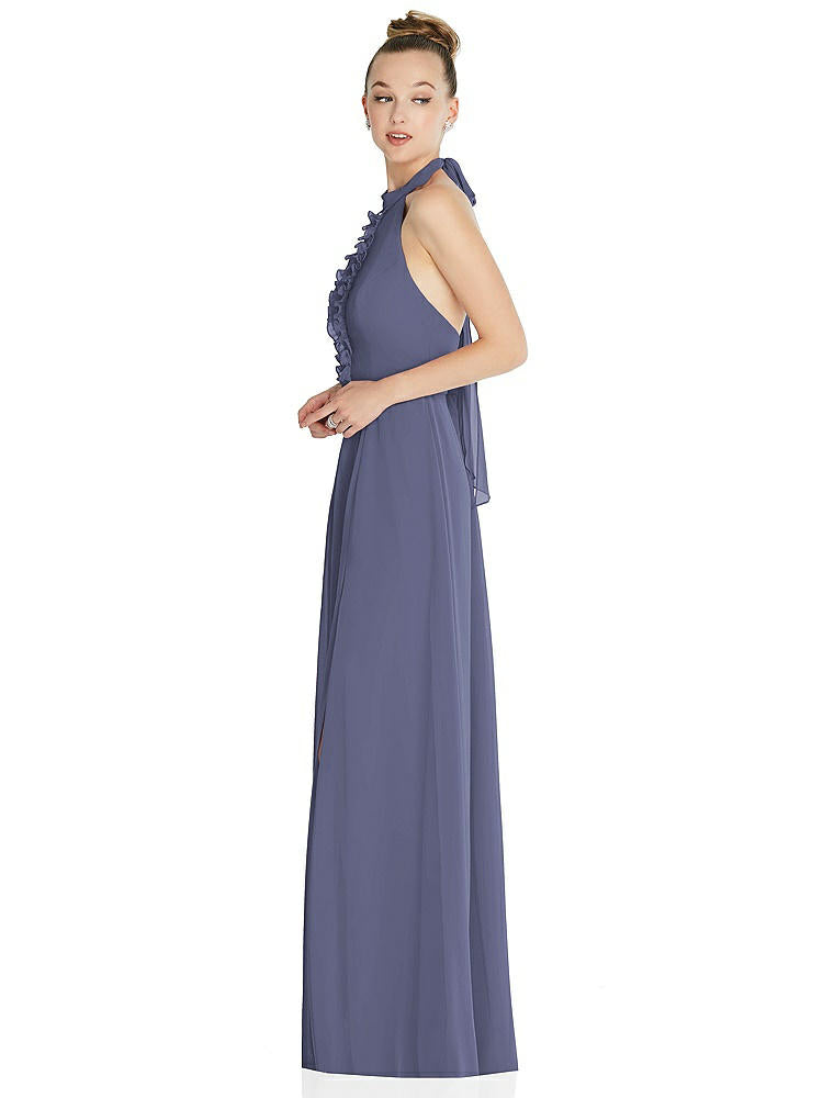 【NEW】【STYLE: 6865】ホルター バックレス マキシ ドレス クリスタル ボタン フリル プラケット【COLOR: French Blue】【SIZE: 00-30W】
