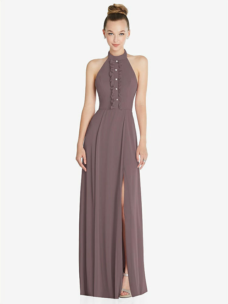 【STYLE: 6865】Halter Backless Maxi Dress with Crystal Button Ruffle Placket【COLOR: French Truffle】