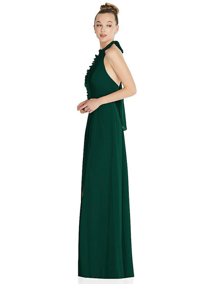 【NEW】【STYLE: 6865】ホルター バックレス マキシ ドレス クリスタル ボタン フリル プラケット【COLOR: Hunter Green】【SIZE: 00-30W】