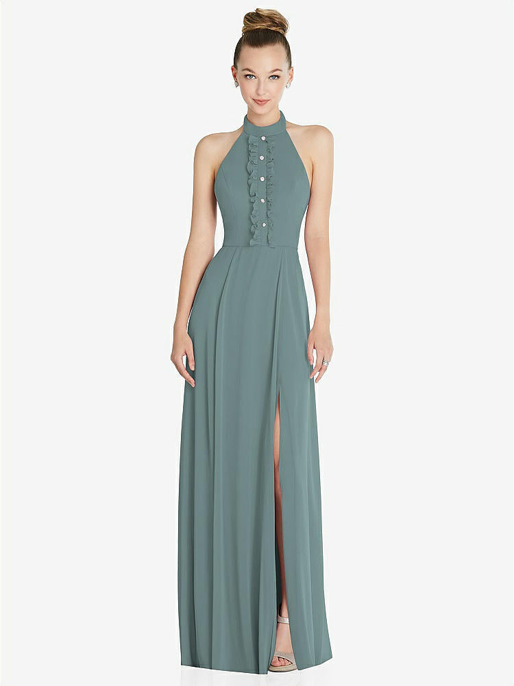 【STYLE: 6865】Halter Backless Maxi Dress with Crystal Button Ruffle Placket【COLOR: Icelandic】