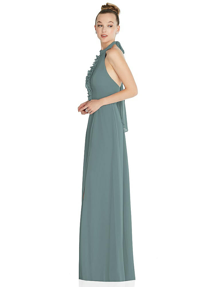 【STYLE: 6865】Halter Backless Maxi Dress with Crystal Button Ruffle Placket【COLOR: Icelandic】