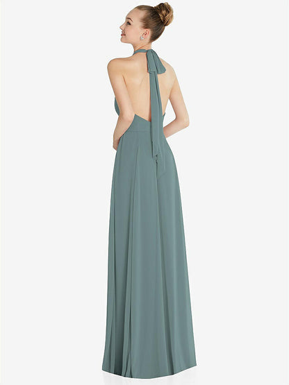 【STYLE: 6865】Halter Backless Maxi Dress with Crystal Button Ruffle Placket【COLOR: Icelandic】