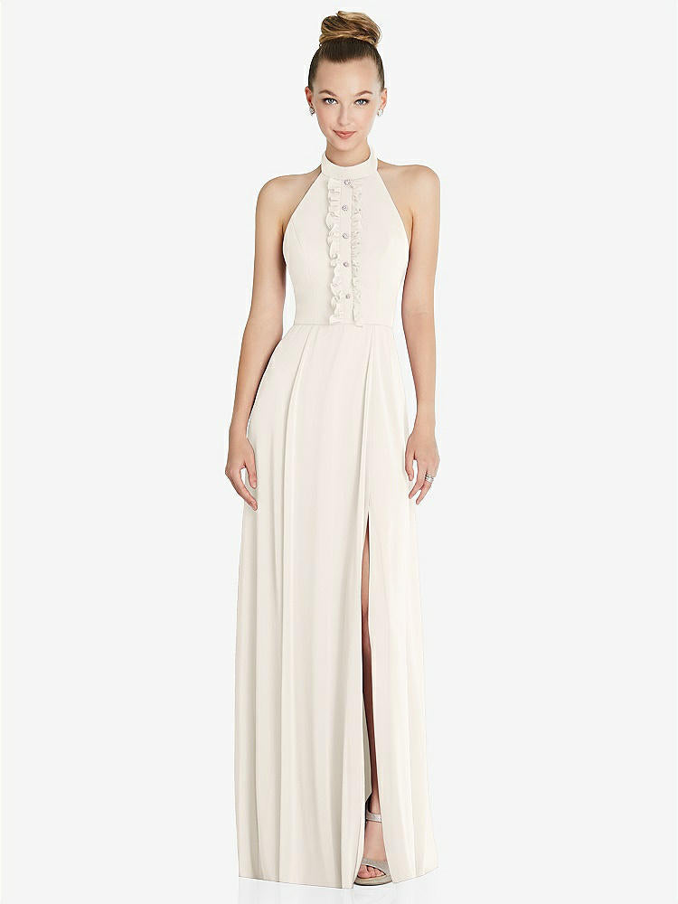 【STYLE: 6865】Halter Backless Maxi Dress with Crystal Button Ruffle Placket【COLOR: Ivory】