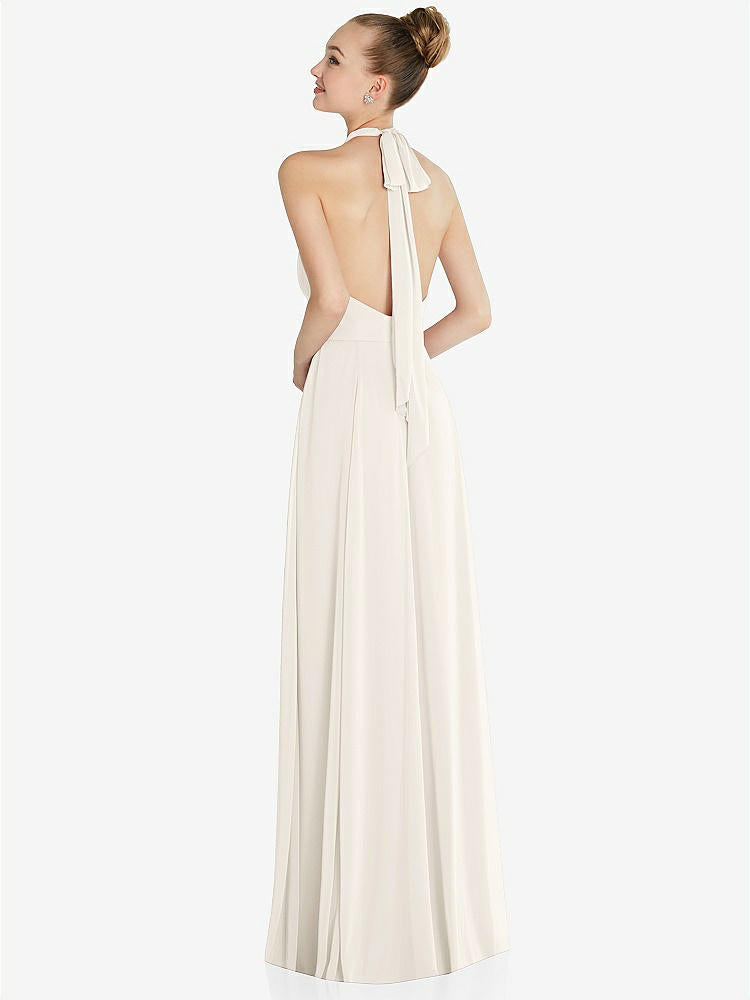 【STYLE: 6865】Halter Backless Maxi Dress with Crystal Button Ruffle Placket【COLOR: Ivory】