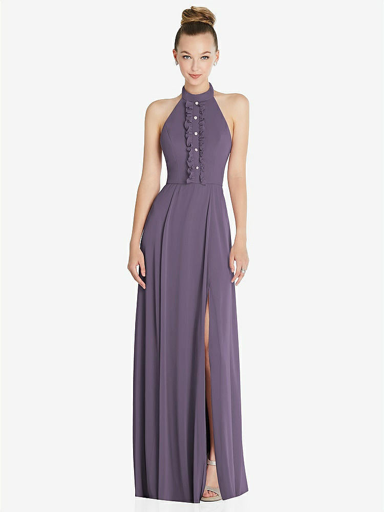 【NEW】【STYLE: 6865】ホルター バックレス マキシ ドレス クリスタル ボタン フリル プラケット【COLOR: Lavender】【SIZE: 00-30W】