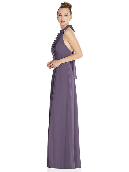 【STYLE: 6865】Halter Backless Maxi Dress with Crystal Button Ruffle Placket【COLOR: Lavender】
